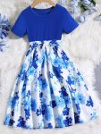 Elegant Girls Splicing Flower Print Crew Neck Short Sleeve Dress For Summer