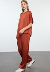 Satin Asymmetric Blouse & Cutout Trousers Woven Set - Brown