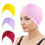 Assorted Colors Crisscross Turban Hat Pleated Elastic Chemo Hats Solid Color Cotton Beanie Casual Head Wraps For Women