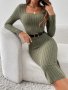 Ribbed Square Neck Bodycon Over Knee Dress Elegant Long Sleeve Dress For Spring & Fall Women's Clothing
