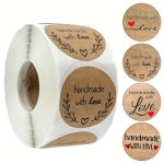 1ROLL 500PCS Handmade With Love Stickers 2.54 Cm Brown Kraft Label Stickers For Canning Bottles Storage Bins Food Jars Gift Tags
