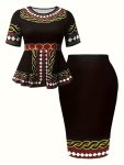 Plus Size Elegant Random Print Two-piece Set Short Sleeve Peplum Top & Matching Pencil Skirt Set Women's Plus Size Clothing