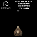 Metal And Natural Rope Pendant Light Fitting - 11W - 300MM