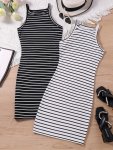 2PCS Teen Girls' Striped Slim Fit Sleeveless Dresses Set