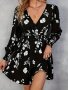 Floral Print V-neck Dress Casual Shirred Long Sleeve Dress For Spring & Fall Women's Clothing