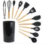 Kitchen Utensils 12 Piece Silicone With Holder - Black