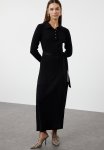 Belted Polo Neck Ribbed Knit Dress - Black
