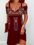 Tribal Print Cold Shoulder Dress Casual Short Sleeve Lace Trim V Neck Dress Women's Clothing