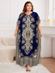 Plus Size Floral Pattern Loose Dress Elegant V Neck Batwing Sleeve Dress For Spring & Summer Women's Plus Size Clothing