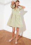 Check Square Collar Wide Cut Dress - Green