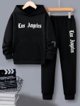 Los Angeles Vintage Letter Print Hoodie & Jogger Pants Set 2-PIECE Boys Casual Versatile Co Ord Set For Spring Fall