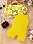 Casual Girl's Set Cami Romper Shorts + Heart Print Crop Tee Holiday Leisure Summer Outfits
