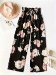 Floral Print Wide Leg Pants Vacation Shirred Waist Loose Tie Pants For Spring & Summer Women's Clothing