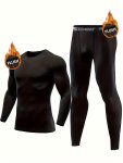 2PCS Thermal Underwear Set Men's Quick Dry Fleece Compression Shirt & Comfy High Stretch Breathable Leggings For Fall Winter Out