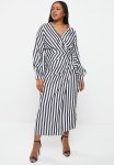 Plus Striped Long Sleeve Wrap Dress - Black white