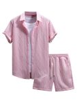 Gorglitter Men's 2 Piece Outfits Waffle Knit Button Down Shirt Top And Shorts Set Pink Small