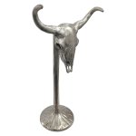 Aluminium Longhorn Skull Sculpture On Stand 43CM