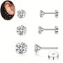 3-Pair Hypoallergenic Stainless Steel Earring Set For Men & Women - Cubic Zirconia Studs Flat Back Cartilage & Tragus Helix Piercing Jewelry 3mm/4mm/5mm