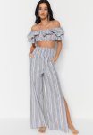 Striped Woven Frilly Blouse - Grey