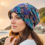 Flower Print Slouchy Beanie Hat Vintage Elastic Skull Cap Lightweight Warm Chemo Hat For Women Autumn & Winter