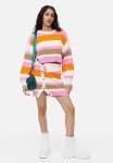 Button-front Rib-knit Skirt - Cream striped