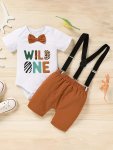 Infant Baby Boy Funny First Birthday Clothes Toddler Boy Cute Cartoon Graphic Bow Tie Romper & Bib Pants Outfits