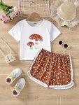 Mushroom Print Girl's Outfit Short Sleeve Tee + Shorts Set Sweet Casual 2-PIECE Girls Spring Summer Clothes