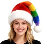 Bnikion Rainbow Santa Hat For Adult Unisex Soft Velvet Xmas Hat Fluffy White Fur Trim Fuzzy Santa Clause Cap For Christmas New Y