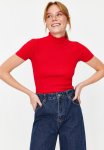 Fitted sleeved High Neck Crop Ribbed Elastic Knitted Blouse - Red