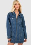Zip Through Denim MINI Shirt Dress - Vintage Wash