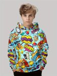 Boys' Casual Comic Print Pullover Hoodie - Polyester Blend Crew Neck Long Sleeve Slight Stretch Front Pocket Hooded Sweatshirt F