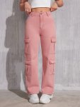 Plain Peach Color Side Flap Pocket Cargo Jeans Loose Fit High Rise Casual Kpop Y2K Denim Pants Women's Denim Jeans & Clothing