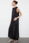 Pleated Satin Undershirt Dress - Black