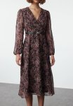 Brown Floral Belted A-line Midi Double Breasted Collar Chiffon Woven Dress