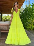 Solid V-neck Layer Ruffle Maxi Dress Vacation Tie Shoulder Backless Sleeveless Dress Women's Clothing