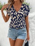 Leopard Print V-neck Blouse Elegant Batwing Short Sleeve Blouse For Summer & Spring Women's Clothing