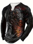 Scary Dragon 3D Print Men's Long Sleeve Henley Tee Men's Retro Clothing For Spring Fall