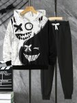 2PCS Boy's Spring Fall Thin Funny Face Print Outfit Color Clash Hoodie & Sweatpants Set Boys Clothes For Spring Fall Halloween
