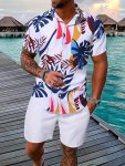 Men's Leaves Pattern Print Short Sleeve Lapel Shirt Top Male Casual Button Up Shirt For Daily And Vacation Resorts Beach