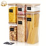 6 Pcs Airtight Plastic Storage Canisters With Bamboo Lids: Perfect For Organizing Noodles Flour Cereal Rice Sugar Tea Coffee And
