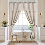 Mitovilla Tan Boho Double Swag Shower Curtain Polyester Linen Fabric Shower Curtains For Farmhouse Bathroom Decor Brown Cloth Sh