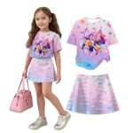 K-pop Girls'clothing 2-PIECE Sets Trendy Short Sleeve Hunters Graphic T-Shirt And De-mon Printed Skirt Outfit Set 31-MULTICOLOR