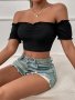 Off Shoulder Lettuce Trim T-Shirt Sexy Solid Backless Short Sleeve Crop Top For Spring & Summer Women's Clothing