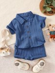2PCS Baby's Solid Color Textured Short Sleeve Shirt & Casual Shorts Set Infant & Toddler Boy's Clothes For Summer Daily Wear