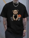 Men's 100% Cotton Bear Graphic Print T-Shirt Short Sleeve Crew Neck Tee Men's Clothing For Summer Outdoor