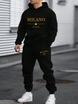 2PCS Milano City Print Men's Casual Sweatsuit Long Sleeve Hoodies With Kangaroo Pocket & Drawstring Sweatpants With Pockets Set