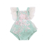 Mint Floral Romper With Ruffle Tulle Bottom And Shoulder 12-18M