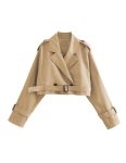 Xiaoxuemeng Womens Cropped Bike Jacket Casual Double Breasted Trench Coat With Belt Khaki-xl