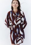 Belted Shirt Dress - Burgundy & Patterned