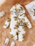 Baby's Bear Embroidery Warm Hooded Casual Long Sleeve Romper Toddler & Infant Boy's Bodysuit For Fall Winter